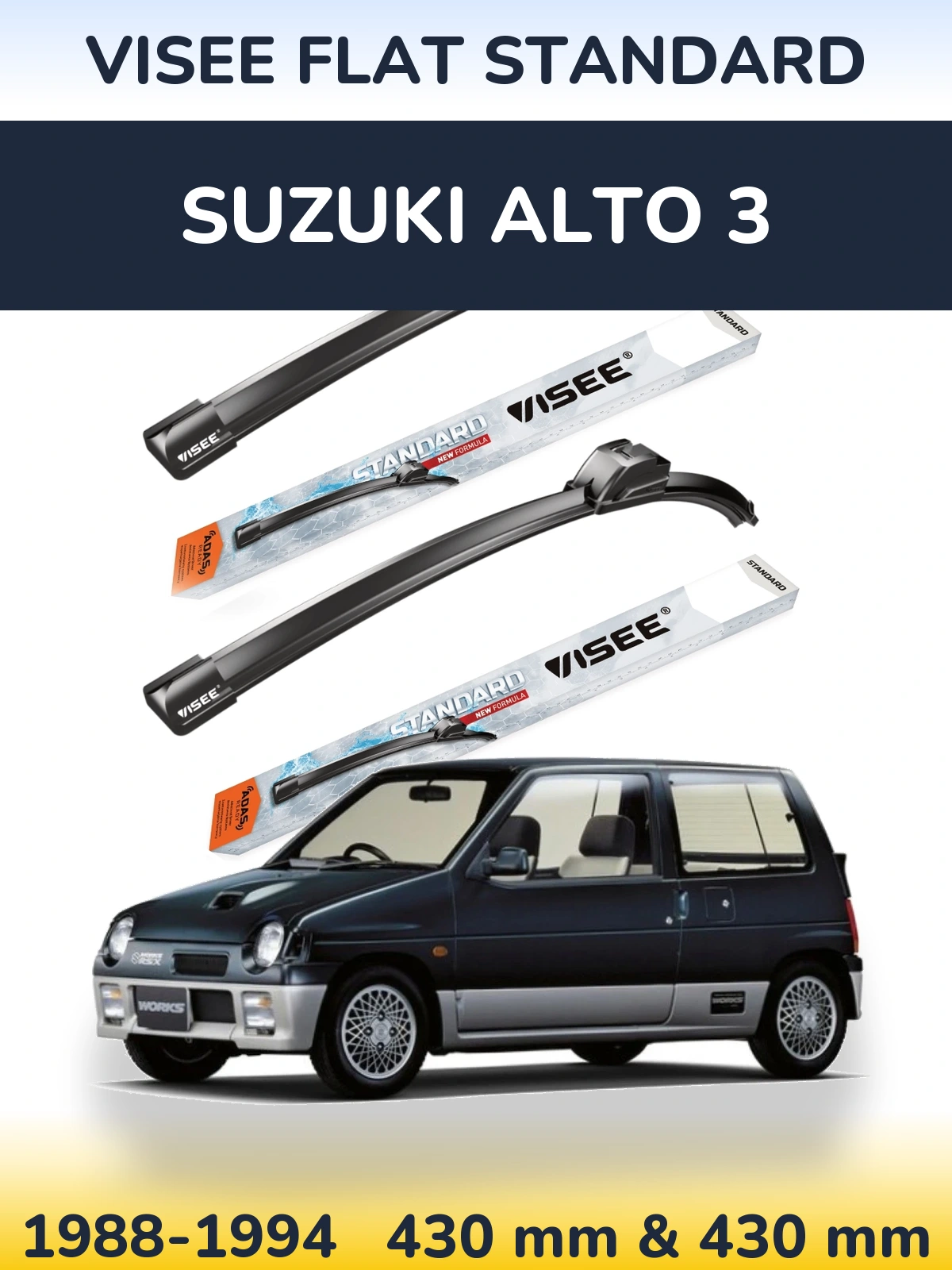 Komplet przednich wycieraczek VISEE FLAT STANDARD 430 & 430 mm do Suzuki Alto 3 1988-1994