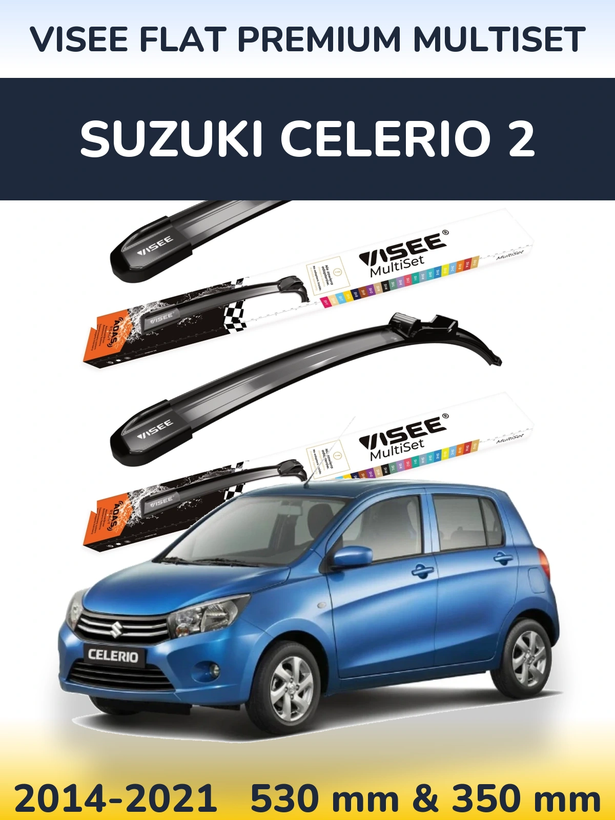 Komplet przednich wycieraczek VISEE FLAT PREMIUM MultiSet 530 & 350 mm do Suzuki Celerio 2 2014-2021