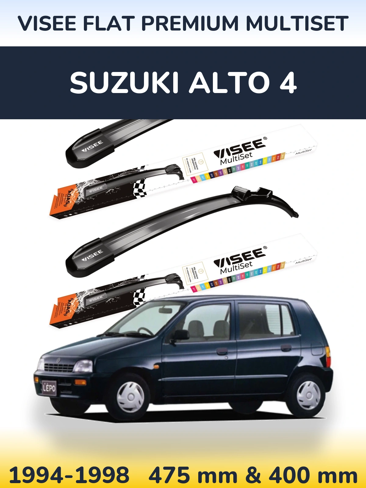 Komplet przednich wycieraczek VISEE FLAT PREMIUM MultiSet 475 & 400 mm do Suzuki Alto 4 1994-1998