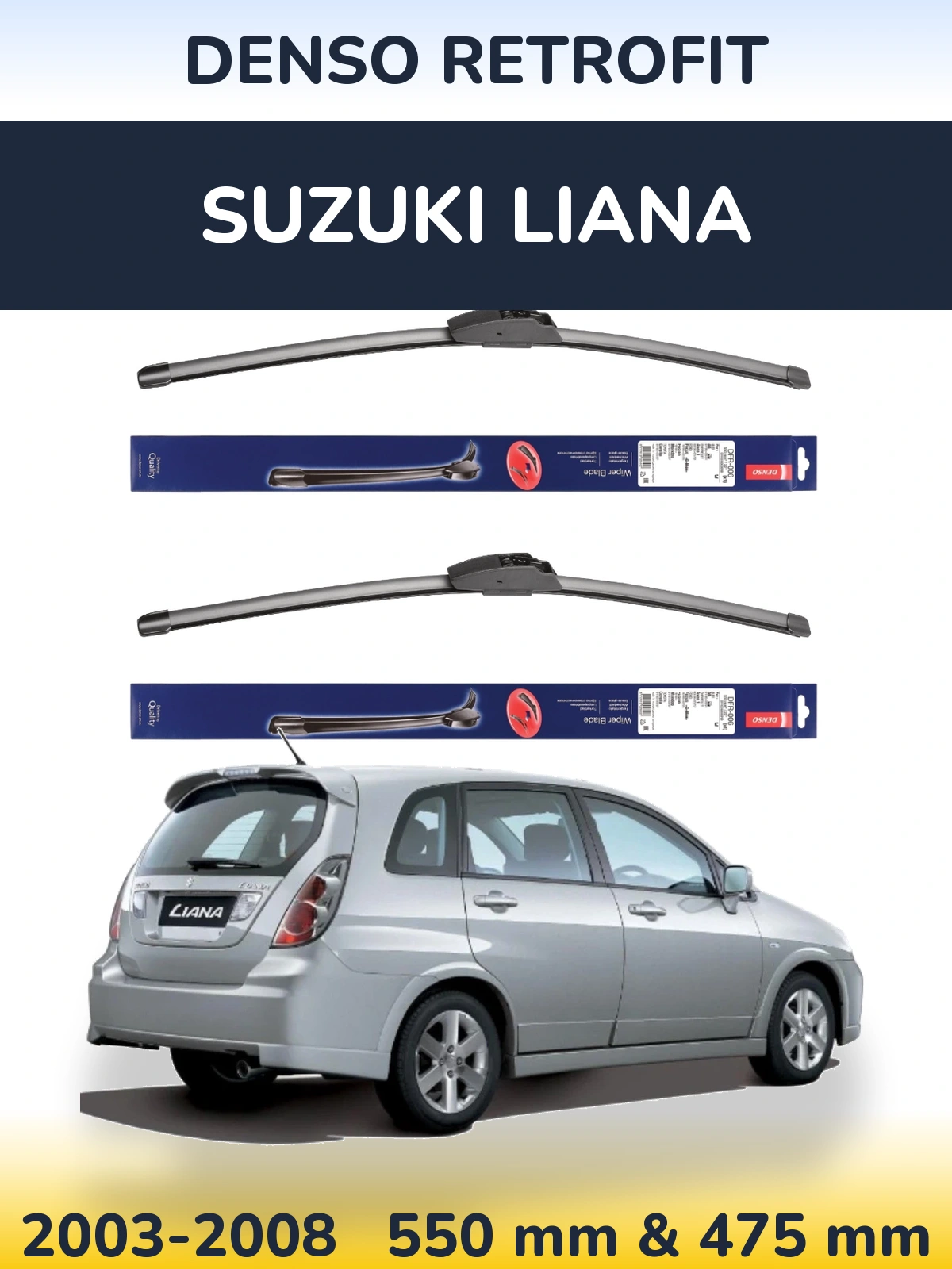 Front wiper blade set Denso Retrofit 550 & 475 mm for Suzuki Liana 2003-2008