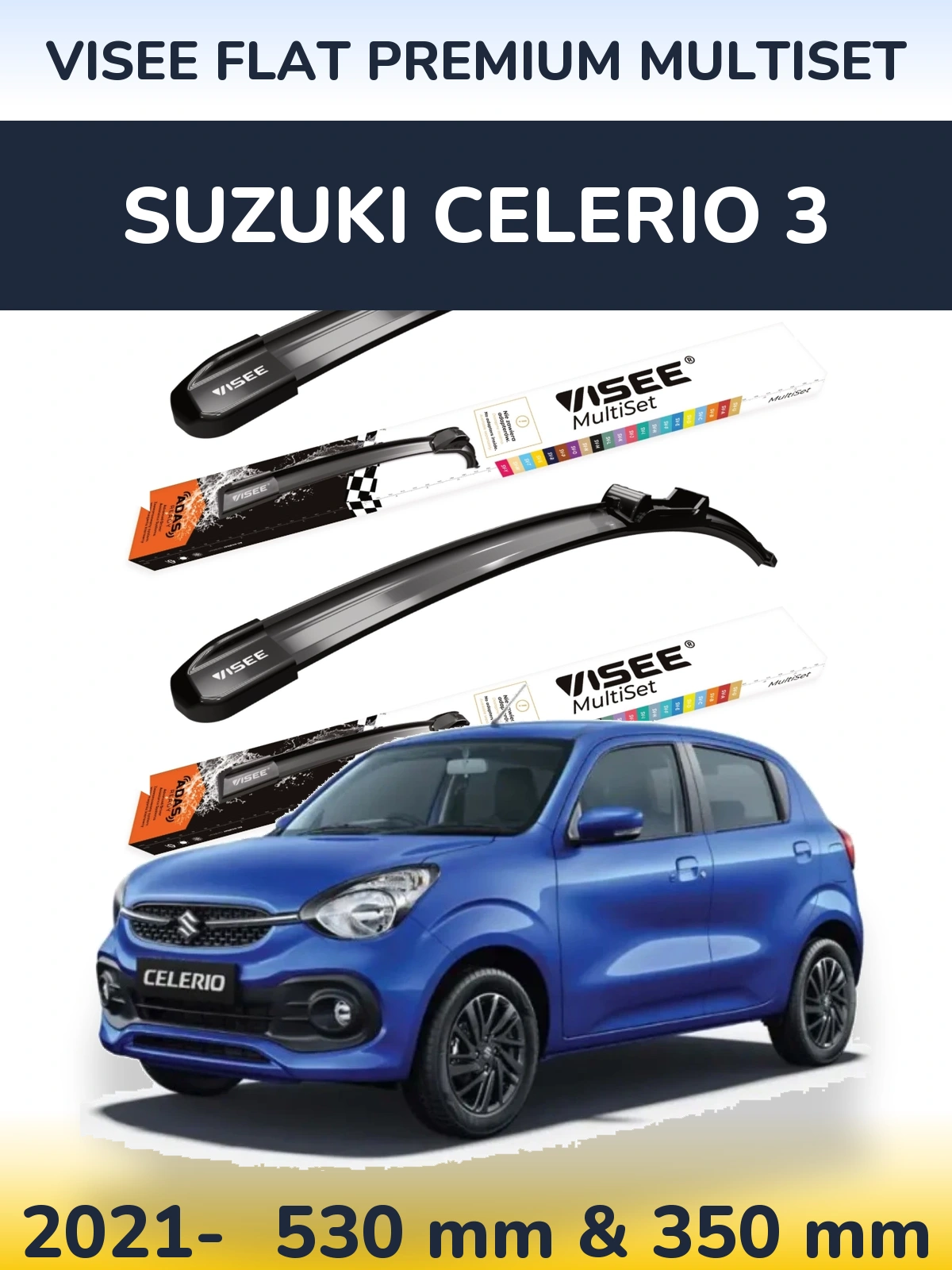 Komplet przednich wycieraczek VISEE FLAT PREMIUM MultiSet 530 & 350 mm do Suzuki Celerio 3 2021-2026