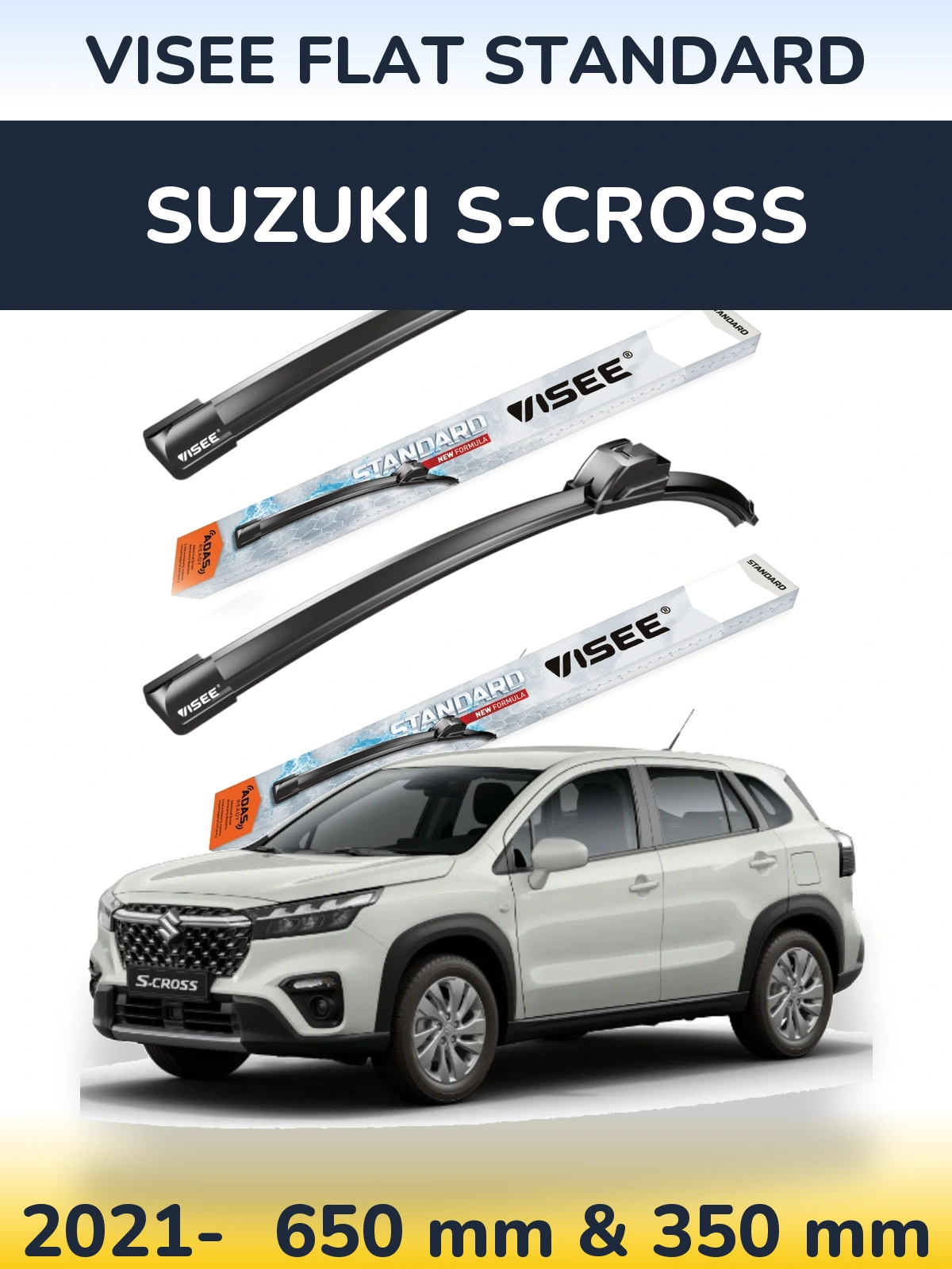Komplet przednich wycieraczek VISEE FLAT STANDARD 650 & 350 mm do Suzuki S-Cross 2021-2026