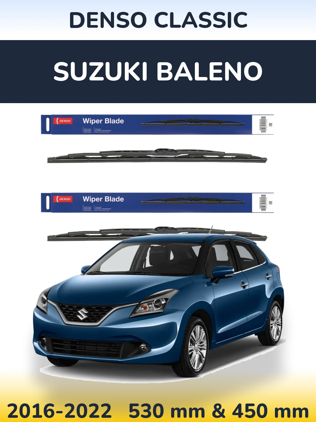 Front wiper blade set Denso Classic 530 & 450 mm for Suzuki Baleno 2016-2022