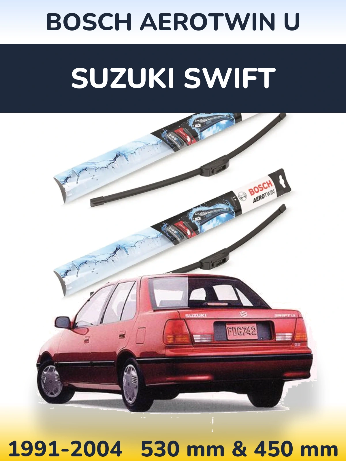 Front wiper blade set BOSCH AeroTwin U 530 & 450 mm for Suzuki Swift 1991-2004