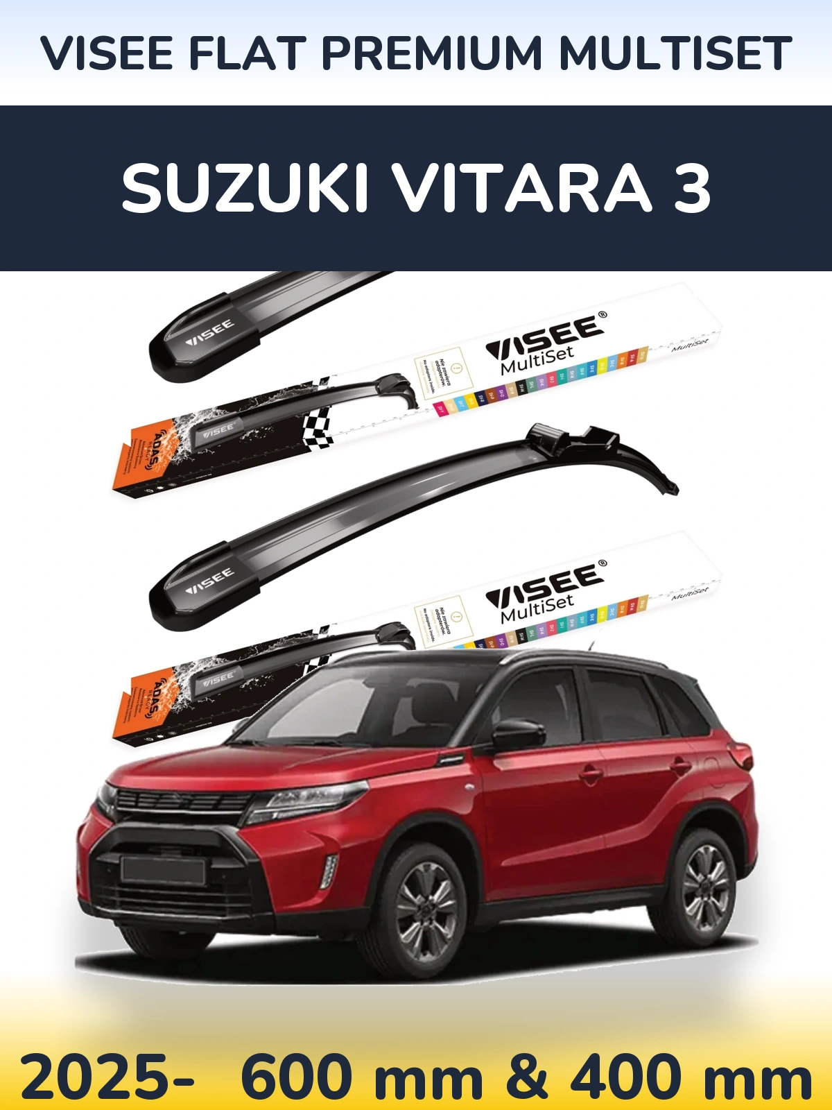 Komplet przednich wycieraczek VISEE FLAT PREMIUM MultiSet 600 & 400 mm do Suzuki Vitara 3 2025-2026