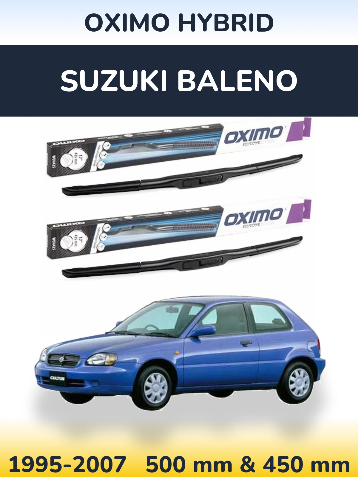 Комплект передних дворников Oximo Hybrid 500 & 450 мм для Suzuki Baleno 1995-2007