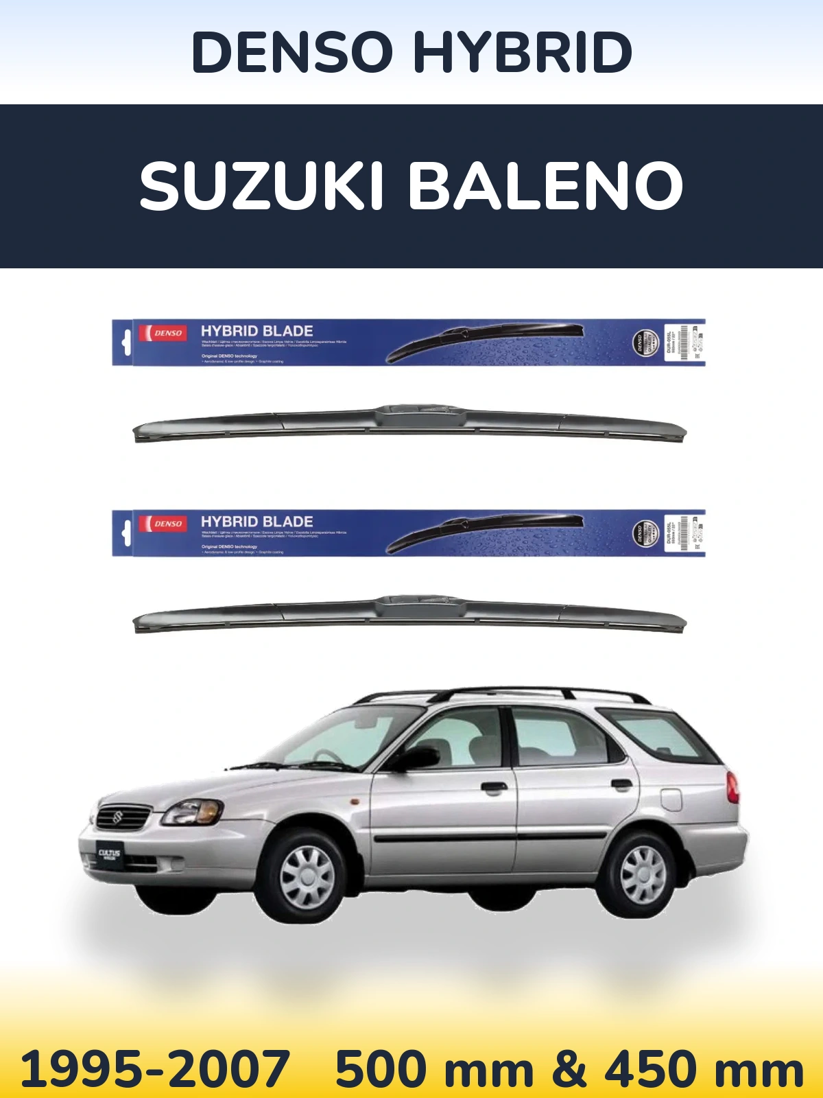Komplet przednich wycieraczek Denso Hybrid 500 & 450 mm do Suzuki Baleno 1995-2007