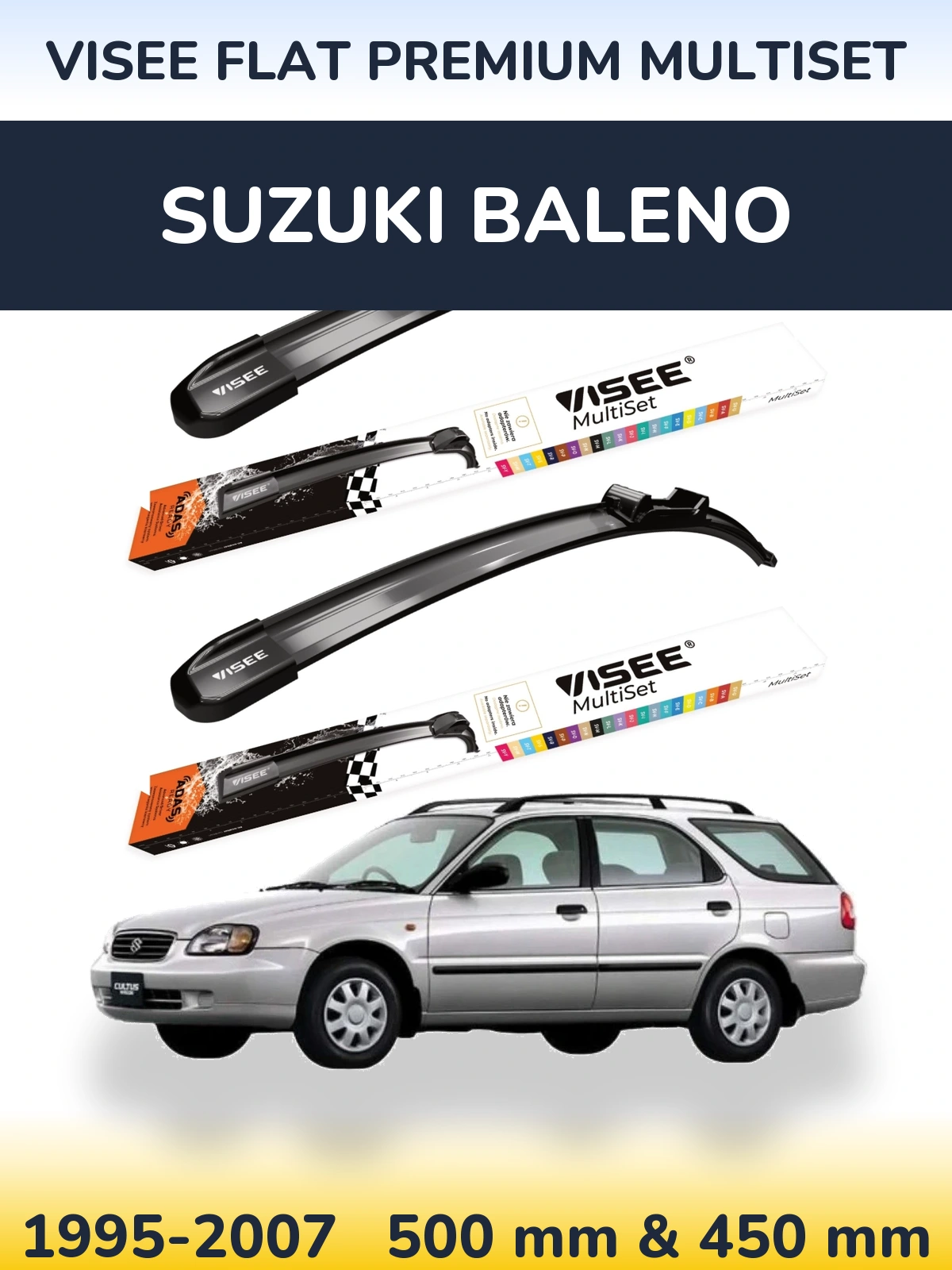 Front wiper blade set VISEE FLAT PREMIUM MultiSet 500 & 450 mm for Suzuki Baleno 1995-2007