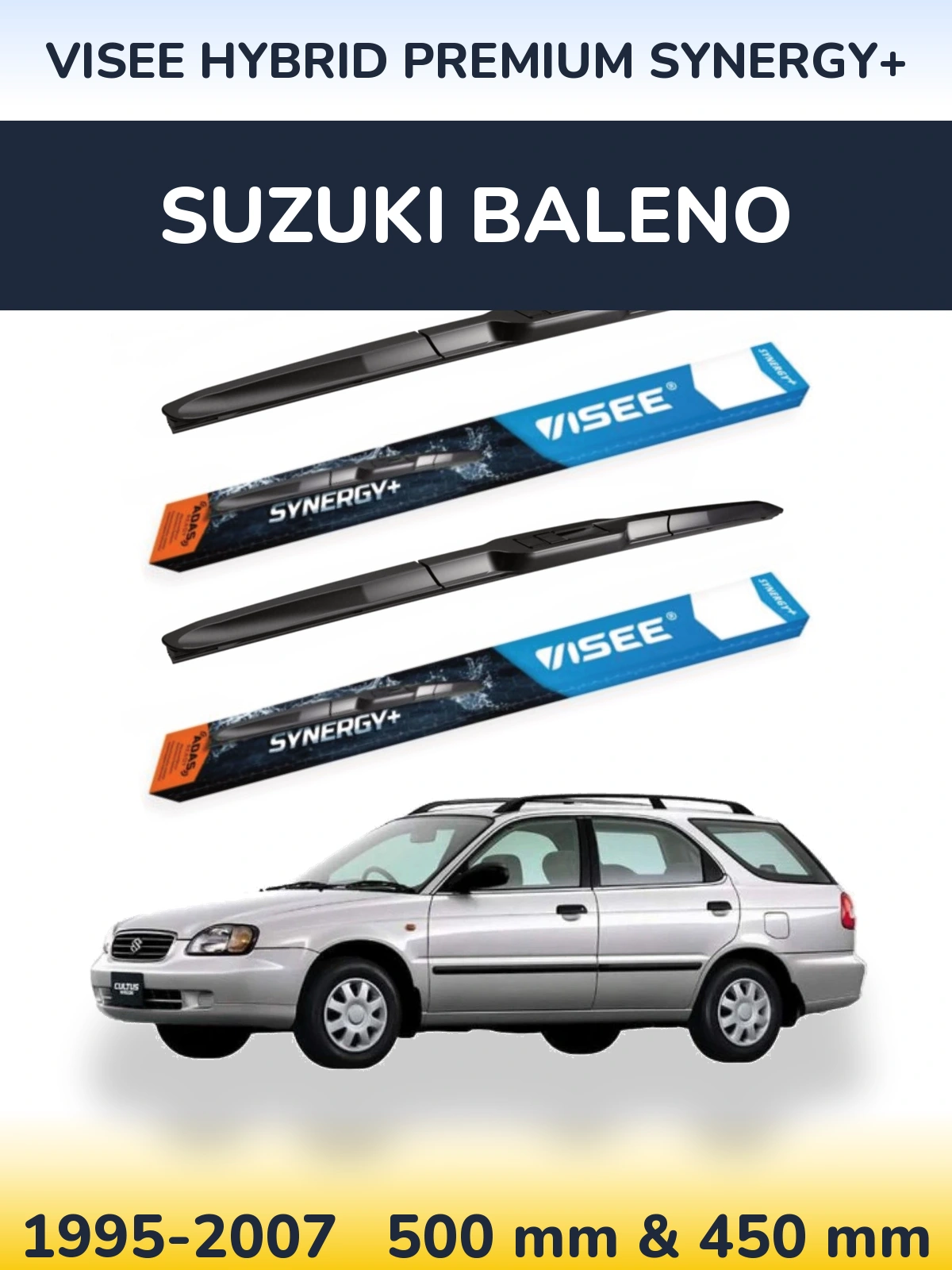 Front wiper blade set VISEE HYBRID PREMIUM SYNERGY+ 500 & 450 mm for Suzuki Baleno 1995-2007