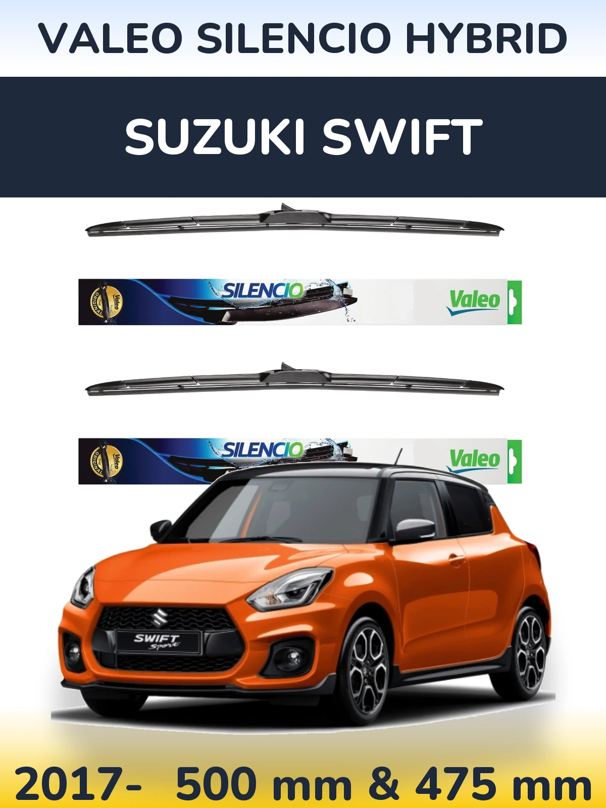 Комплект передних дворников Valeo Silencio Hybrid 500 & 475 мм для Suzuki Swift 2017-2026