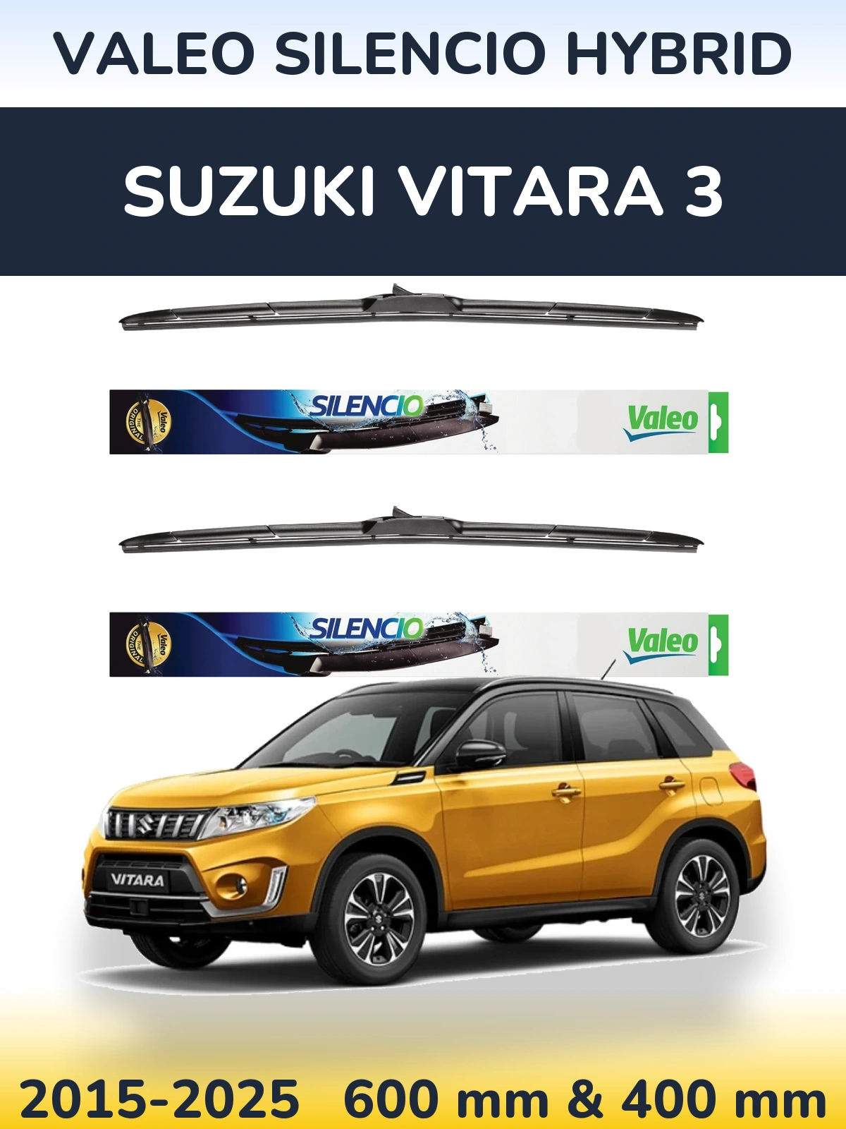 Front wiper blade set Valeo Silencio Hybrid 600 & 400 mm for Suzuki Vitara 3 2015-2025