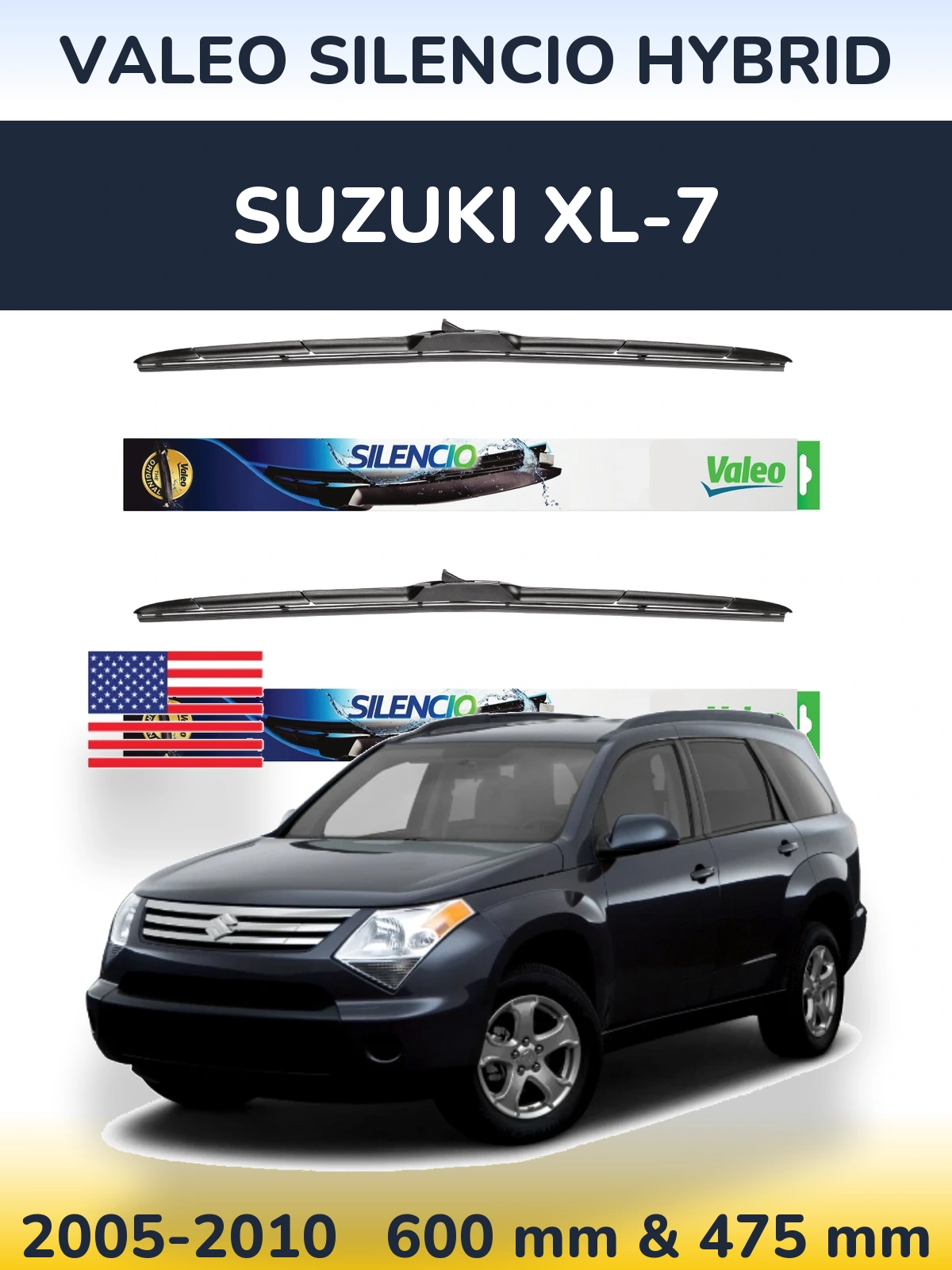 Front wiper blade set Valeo Silencio Hybrid 600 & 475 mm for Suzuki XL-7 2005-2010