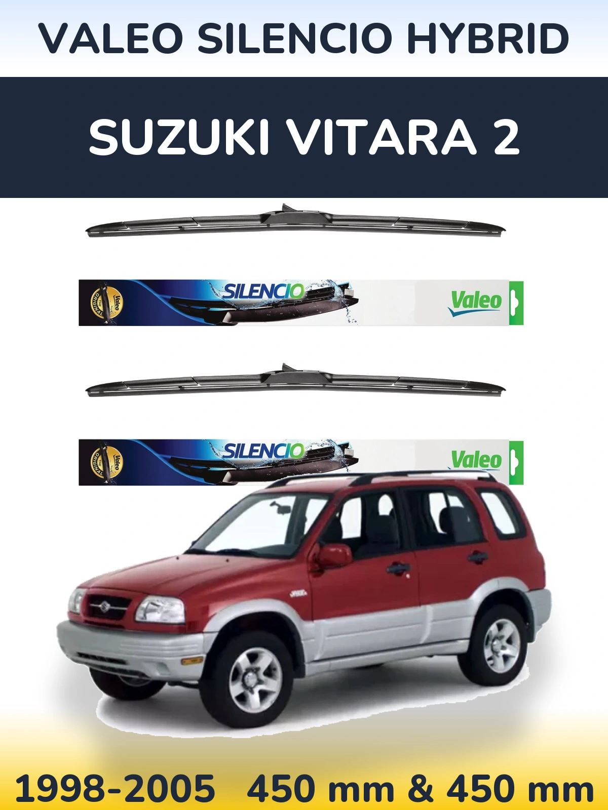 Front wiper blade set Valeo Silencio Hybrid 450 & 450 mm for Suzuki Vitara 2 1998-2005