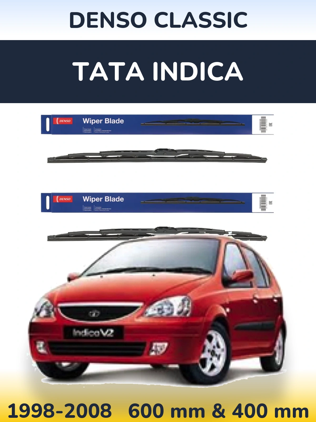 Front wiper blade set Denso Classic 600 & 400 mm for Tata Indica 1998-2008