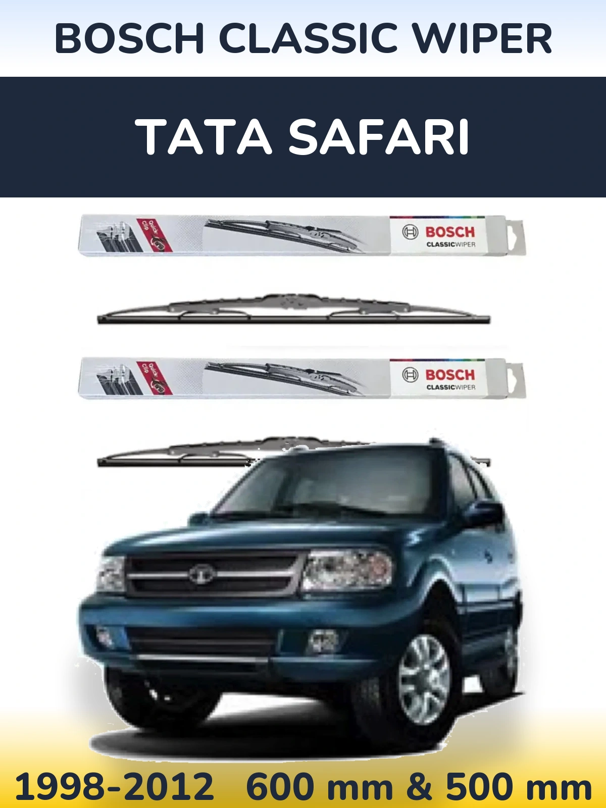 Front wiper blade set BOSCH Classic Wiper 600 & 500 mm for Tata Safari 1998-2012