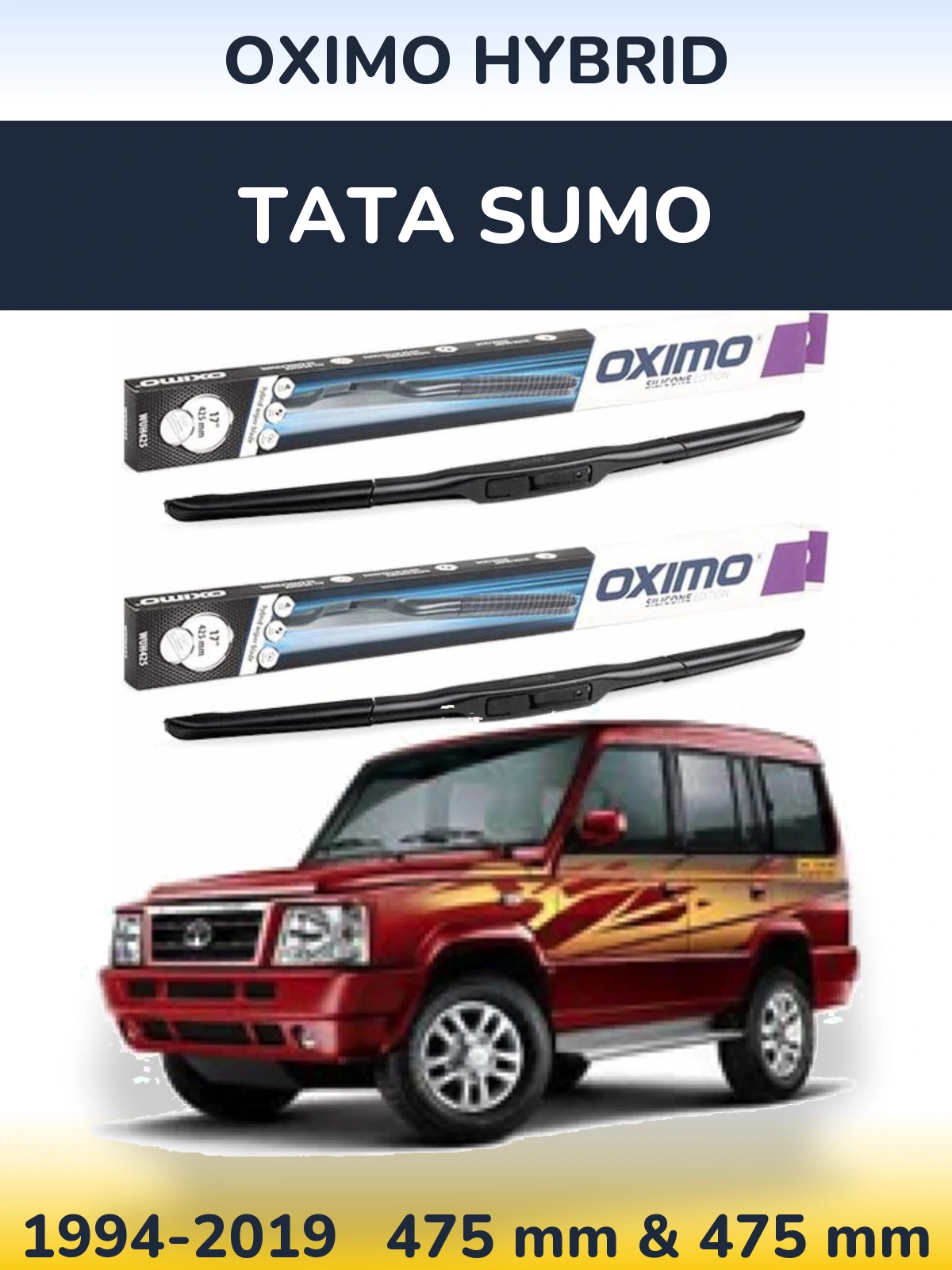 Front wiper blade set Oximo Hybrid 475 & 475 mm for Tata Sumo 1994-2019
