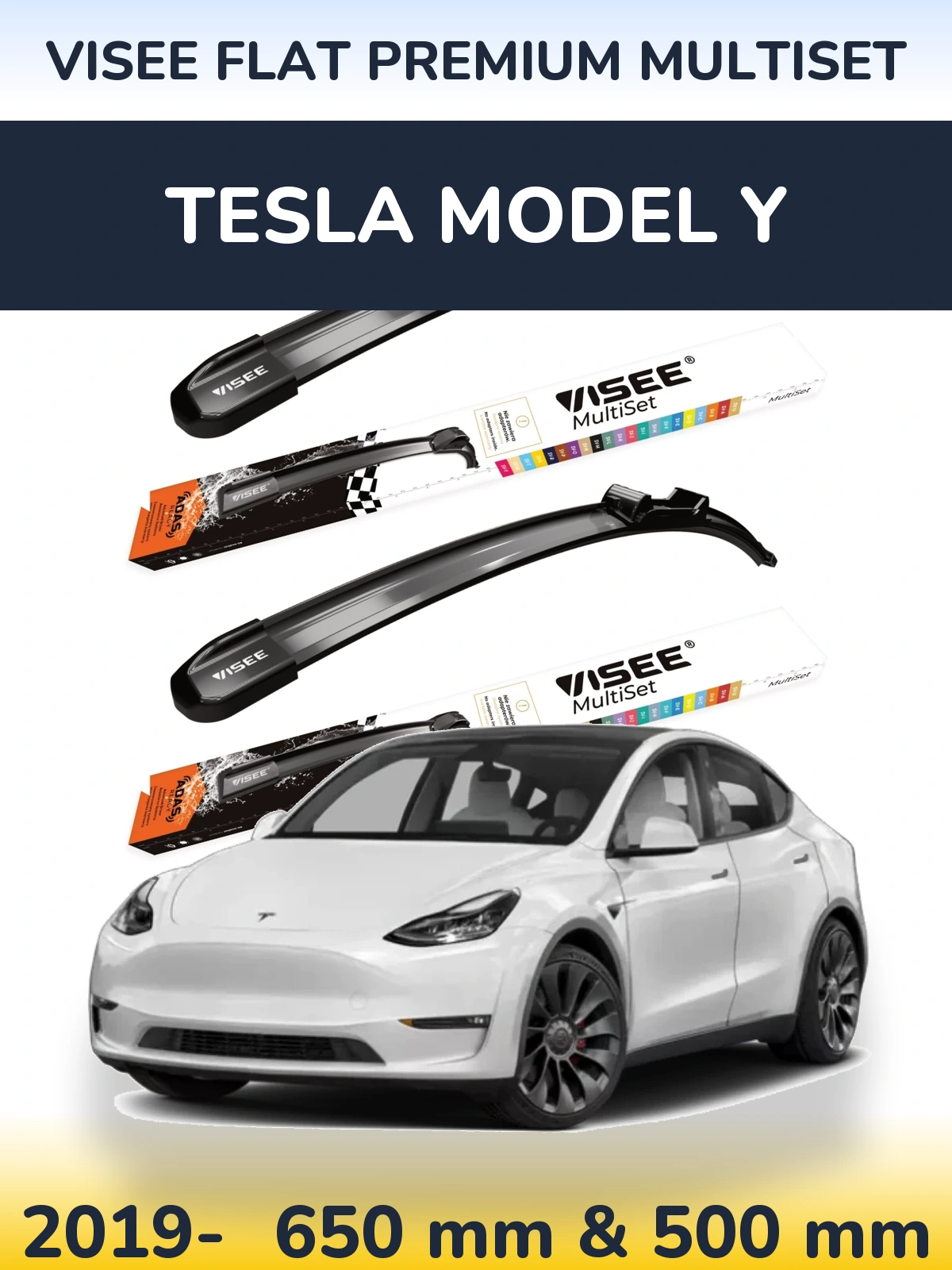Front wiper blade set VISEE FLAT PREMIUM MultiSet 650 & 500 mm for Tesla Model Y 2019-2026