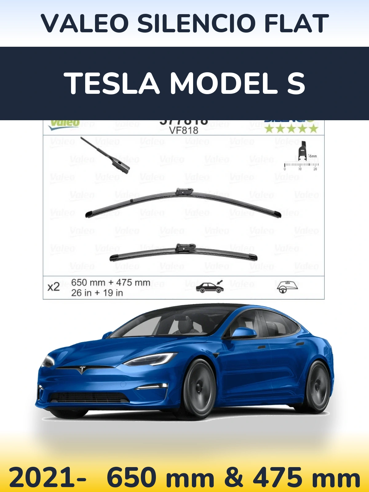 Front wiper blade set Valeo Silencio Flat 650 & 475 mm for Tesla Model S 2021-2026