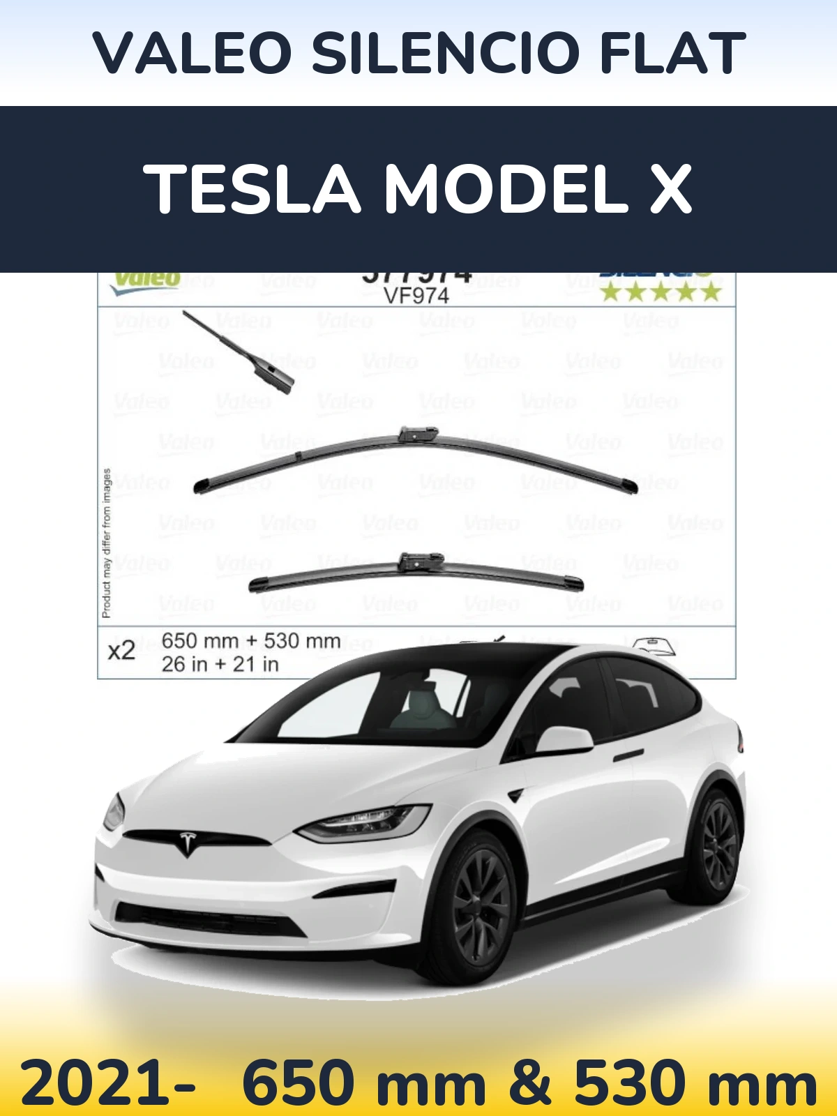 Комплект передніх щіток Valeo Silencio Flat 650 & 530 мм для Tesla Модель X 2021-2026