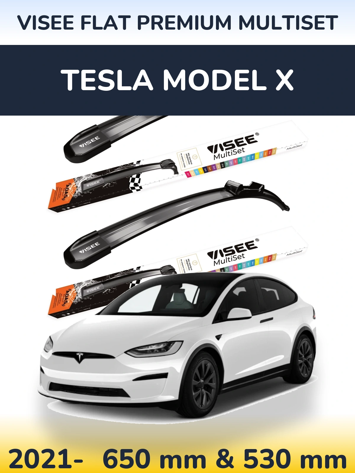 Komplet przednich wycieraczek VISEE FLAT PREMIUM MultiSet 650 & 530 mm do Tesla Model X 2021-2026