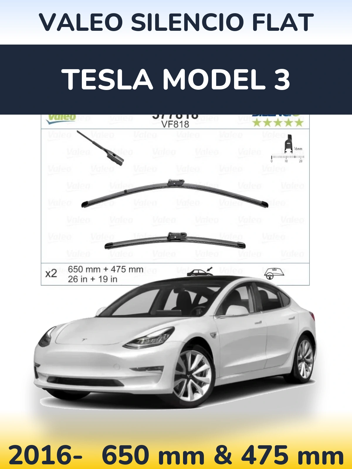 Комплект передних дворников Valeo Silencio Flat 650 & 475 мм для Tesla Модель 3 2016-2026