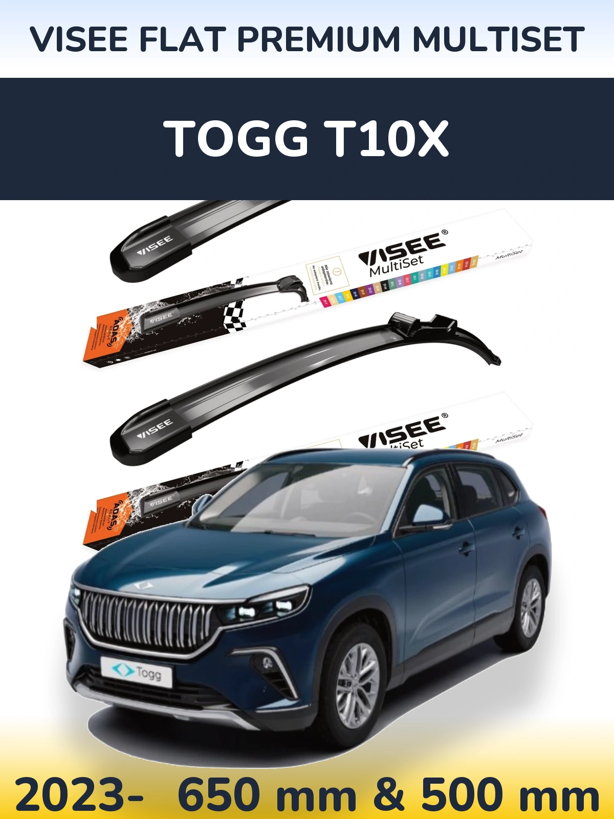 Komplet przednich wycieraczek VISEE FLAT PREMIUM MultiSet 650 & 500 mm do TOGG T10X 2023-2026
