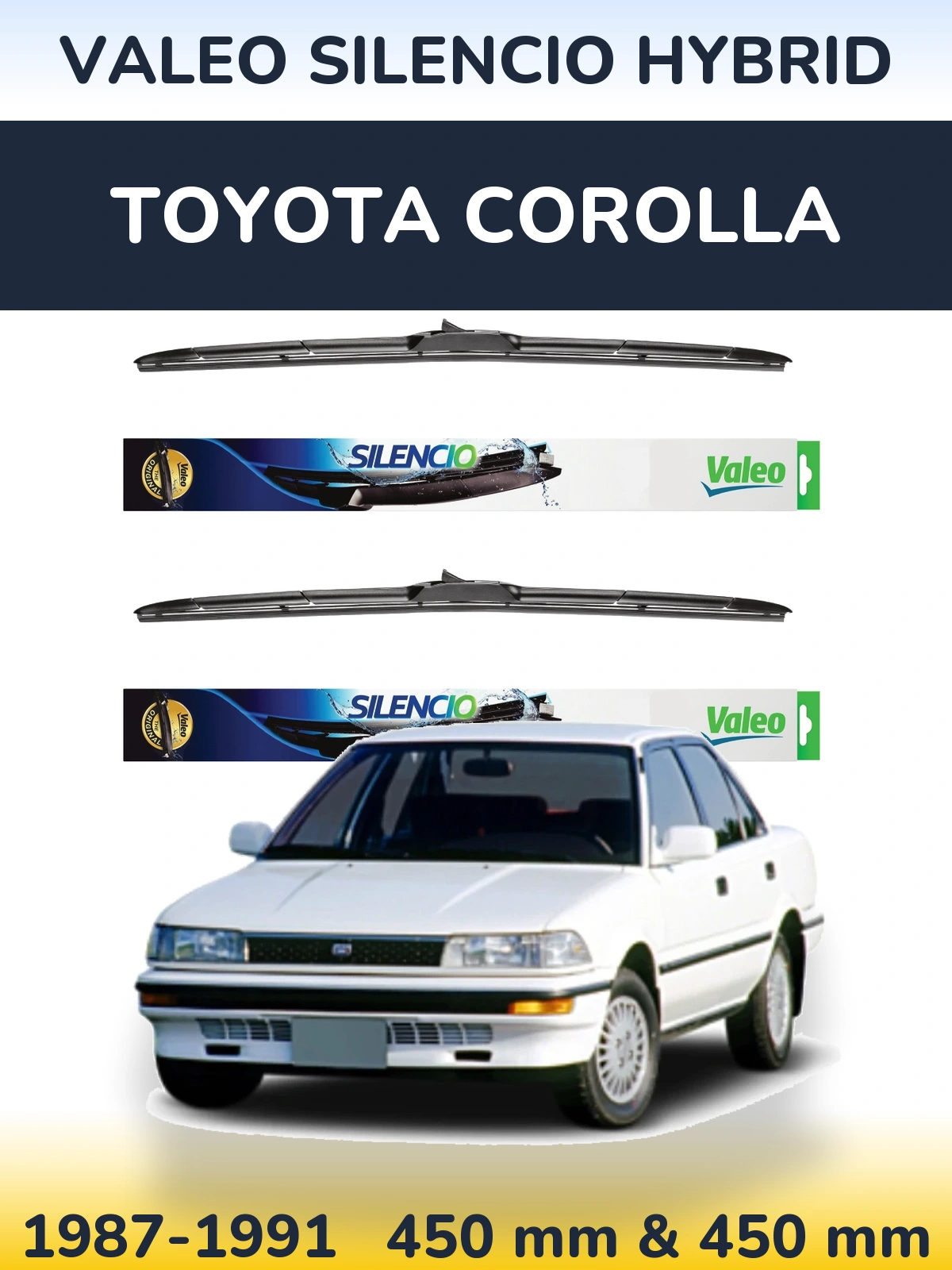 Komplet przednich wycieraczek Valeo Silencio Hybrid 450 & 450 mm do Toyota Corolla 1987-1991