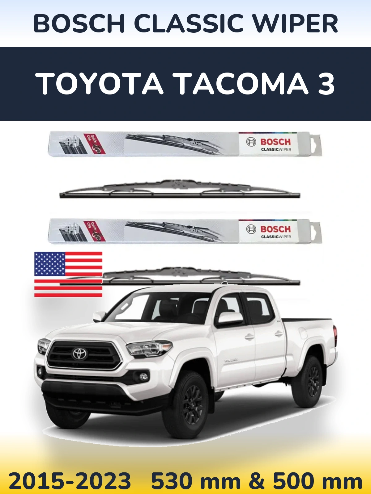 Komplet przednich wycieraczek BOSCH Classic Wiper 530 & 500 mm do Toyota Tacoma 3 2015-2023