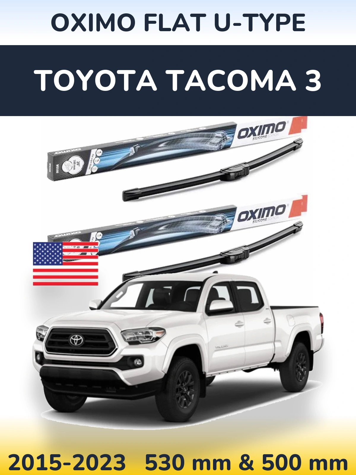 Комплект передних дворников Oximo Flat U-type 530 & 500 мм для Toyota Tacoma 3 2015-2023
