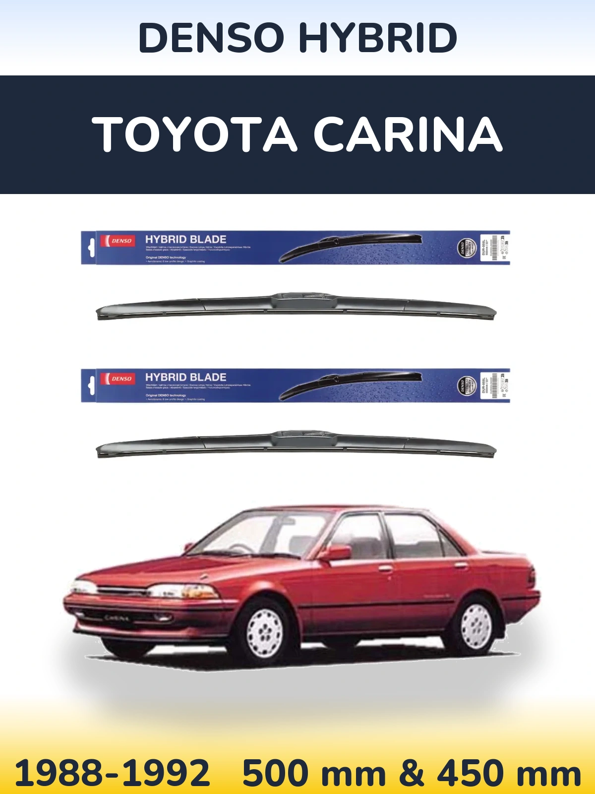 Front wiper blade set Denso Hybrid 500 & 450 mm for Toyota Carina 1988-1992