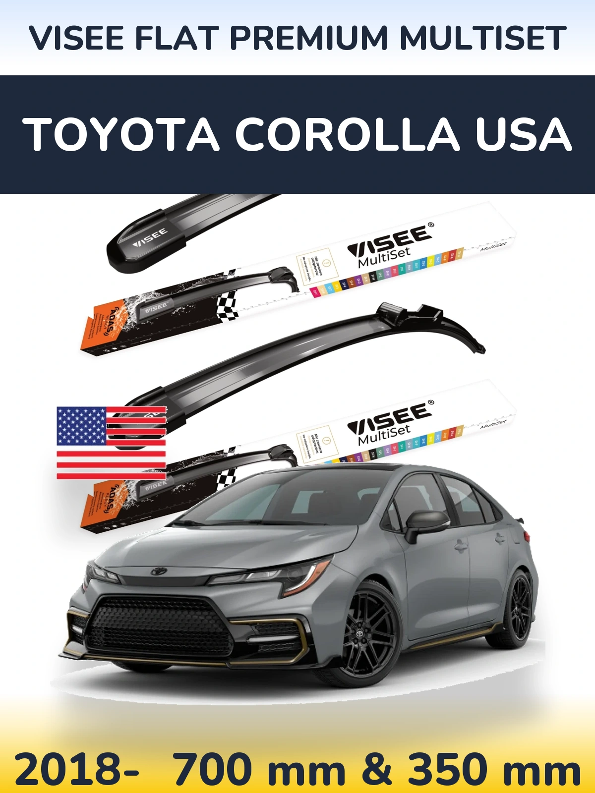 Komplet przednich wycieraczek VISEE FLAT PREMIUM MultiSet 700 & 350 mm do Toyota Corolla USA 2018-2026