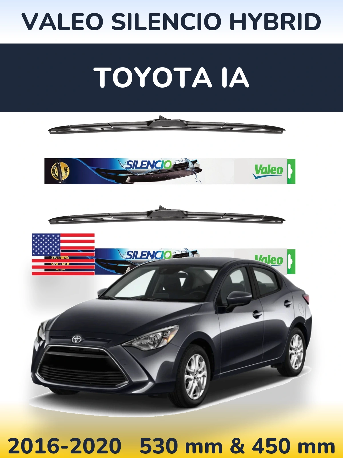 Komplet przednich wycieraczek Valeo Silencio Hybrid 530 & 450 mm do Toyota iA 2016-2020