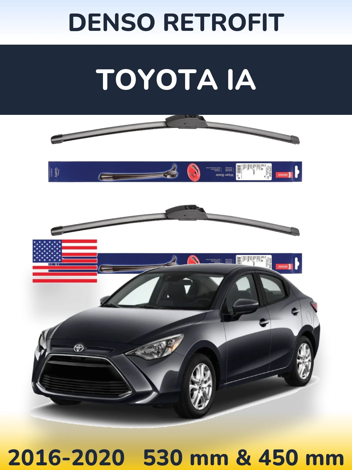 Komplet przednich wycieraczek Denso Retrofit 530 & 450 mm do Toyota iA 2016-2020