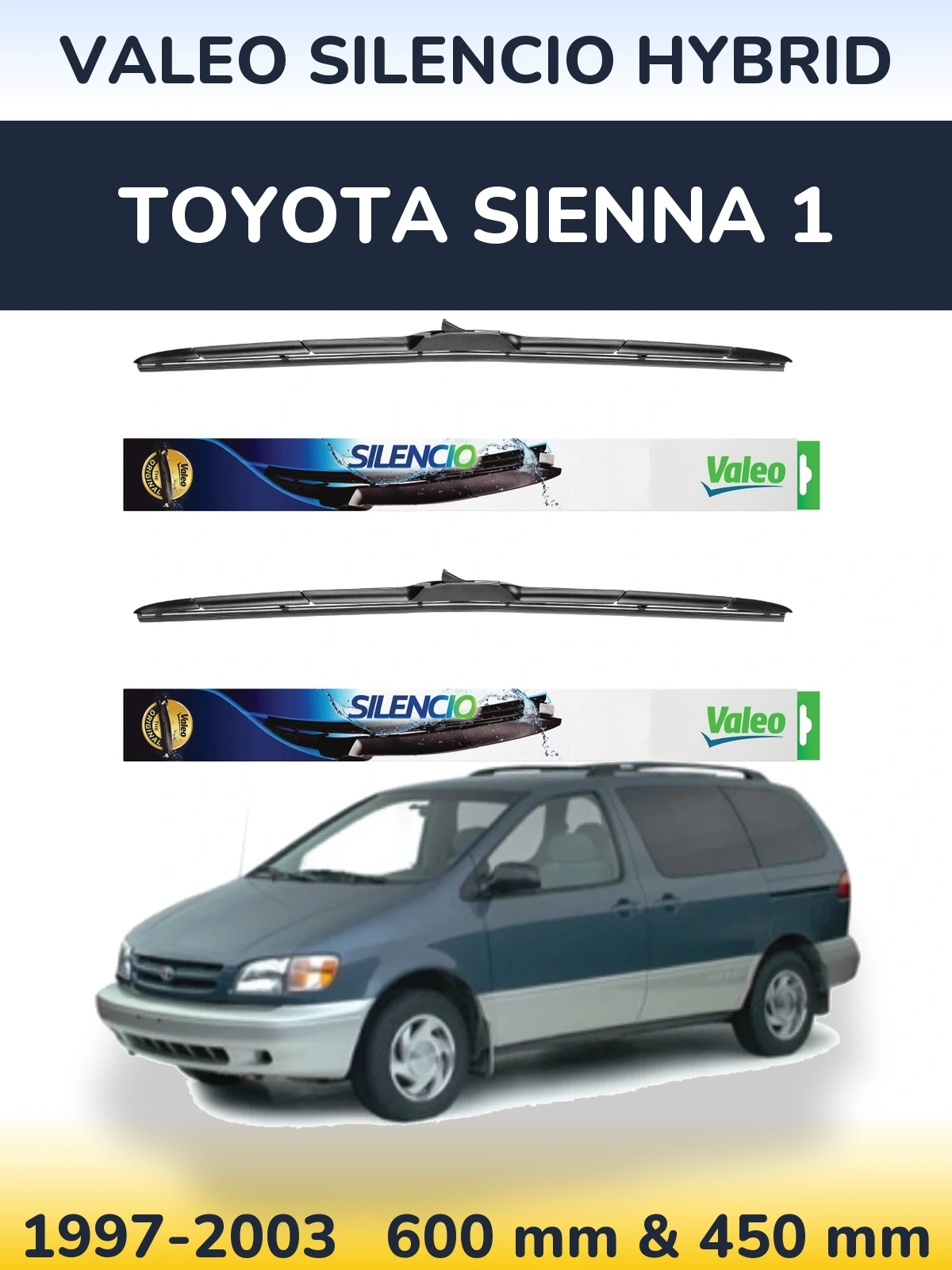 Front wiper blade set Valeo Silencio Hybrid 600 & 450 mm for Toyota Sienna 1 1997-2003