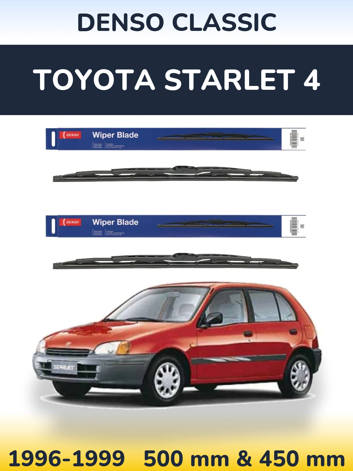 Front wiper blade set Denso Classic 500 & 450 mm for Toyota Starlet 4 1996-1999