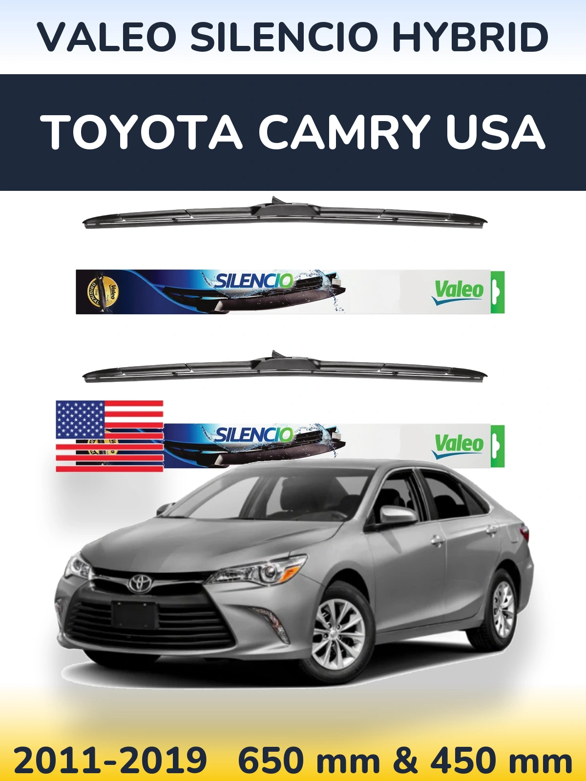 Front wiper blade set Valeo Silencio Hybrid 650 & 450 mm for Toyota Camry USA 2011-2019