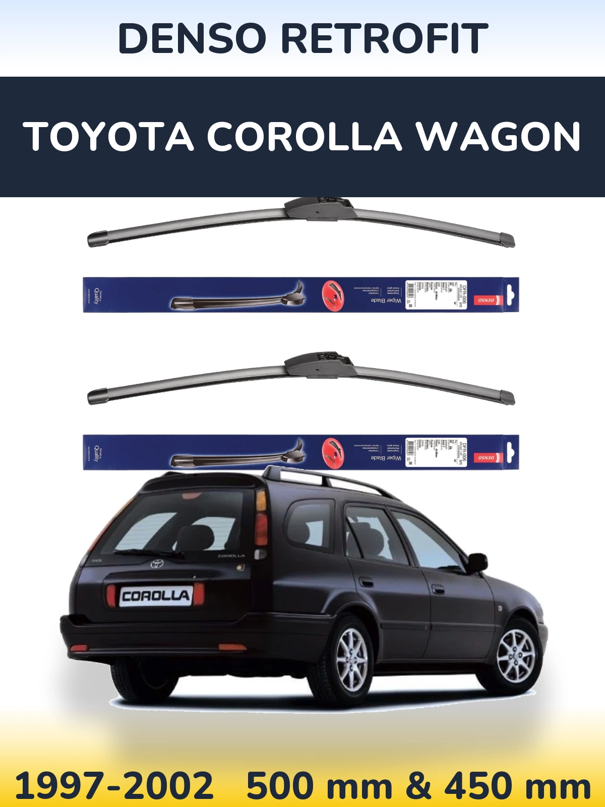 Front wiper blade set Denso Retrofit 500 & 450 mm for Toyota Corolla Wagon 1997-2002