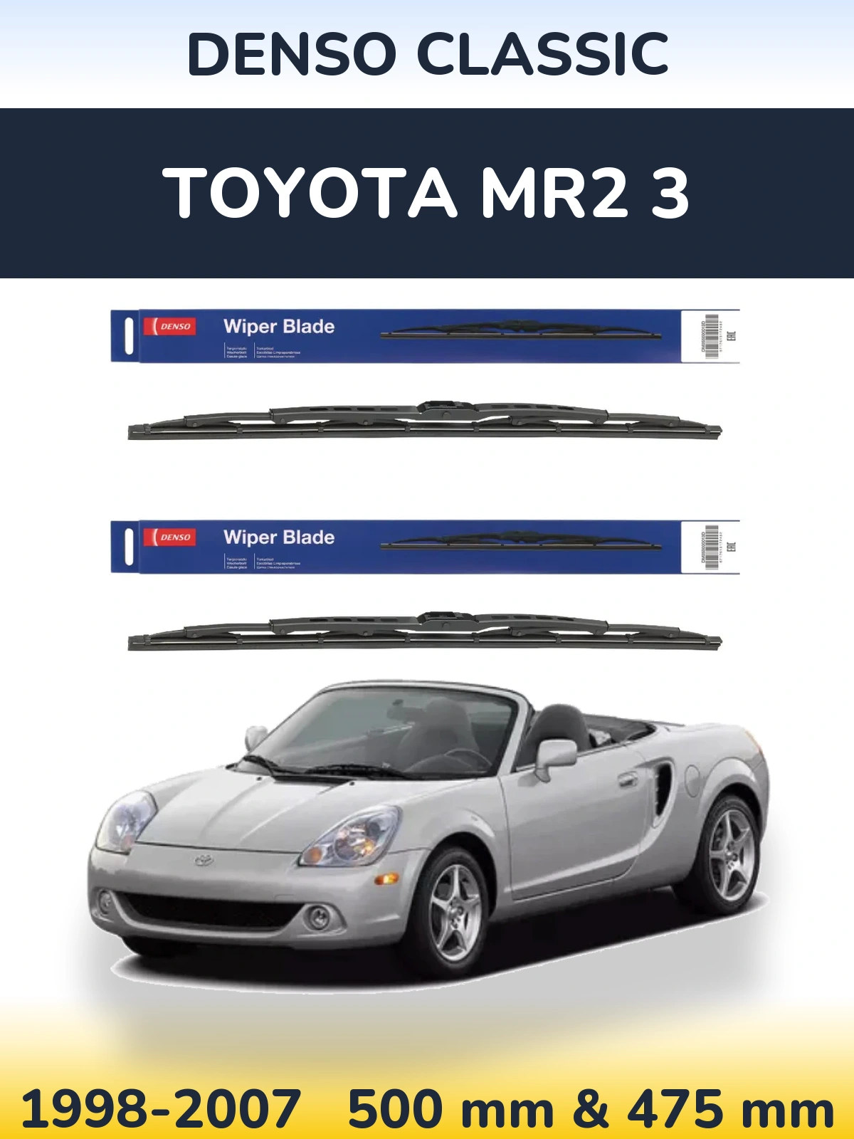 Front wiper blade set Denso Classic 500 & 475 mm for Toyota MR2 3 1998-2007
