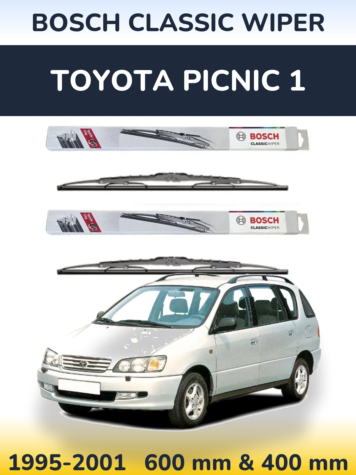 Front wiper blade set BOSCH Classic Wiper 600 & 400 mm for Toyota Picnic 1 1995-2001