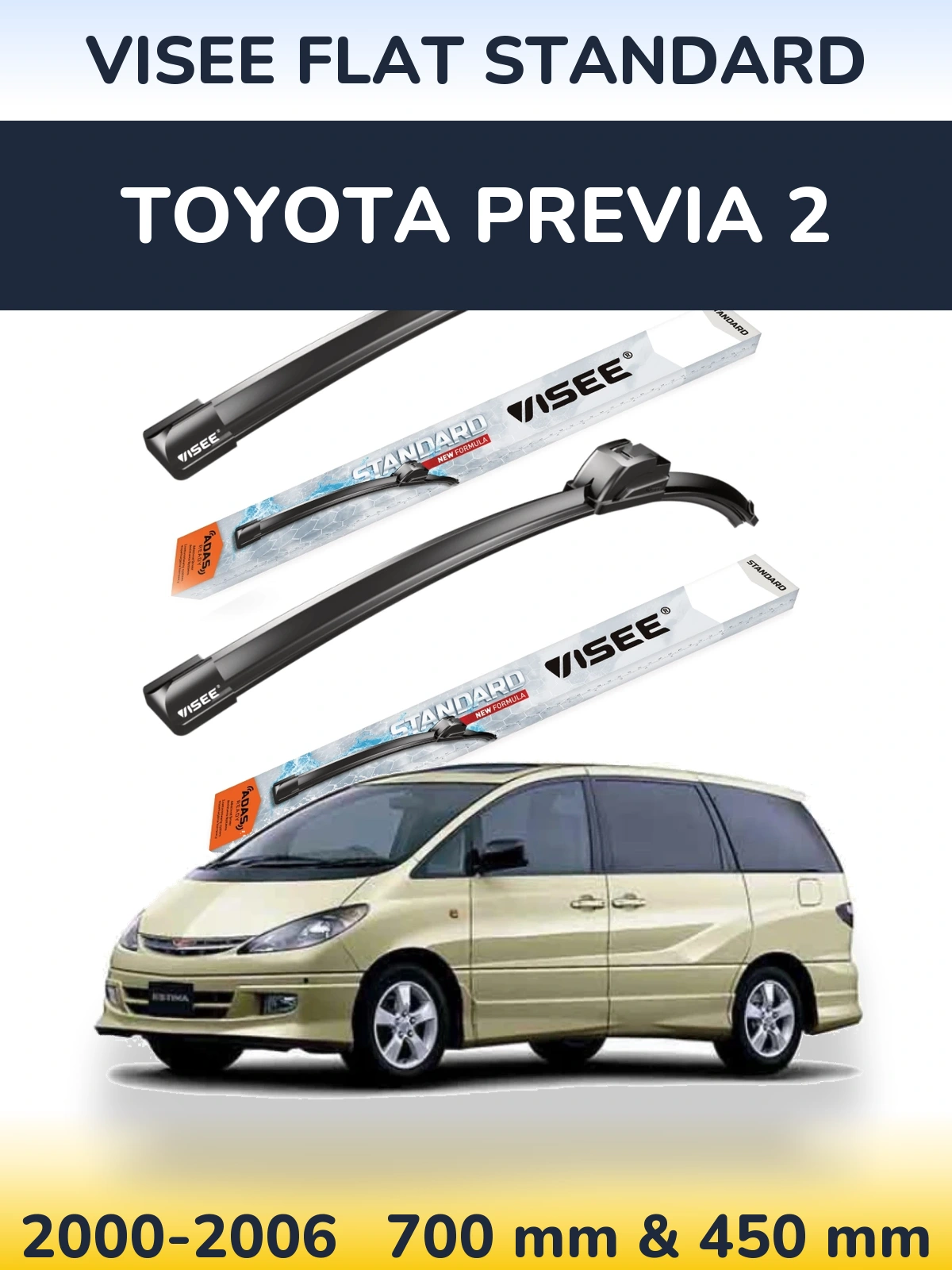 Комплект передних дворников VISEE FLAT STANDARD 700 & 450 мм для Toyota Previa 2 2000-2006