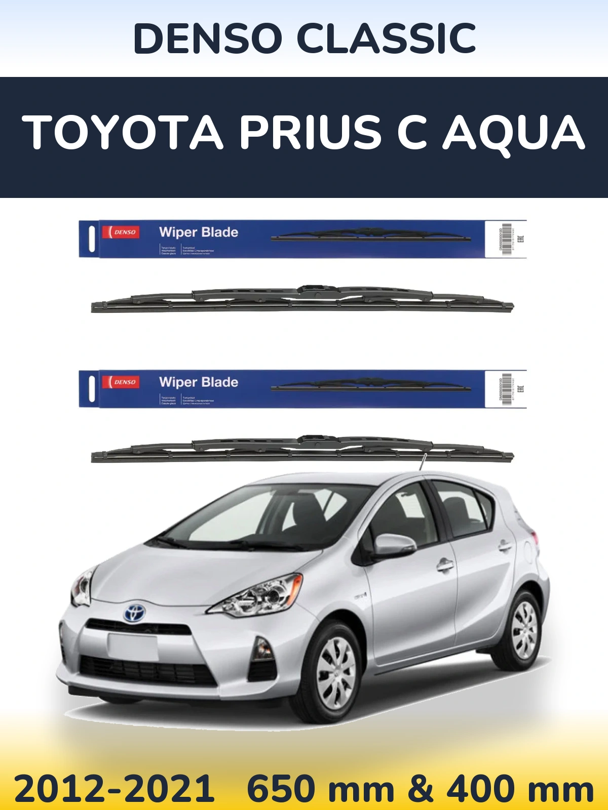 Front wiper blade set Denso Classic 650 & 400 mm for Toyota Prius C Aqua 2012-2021