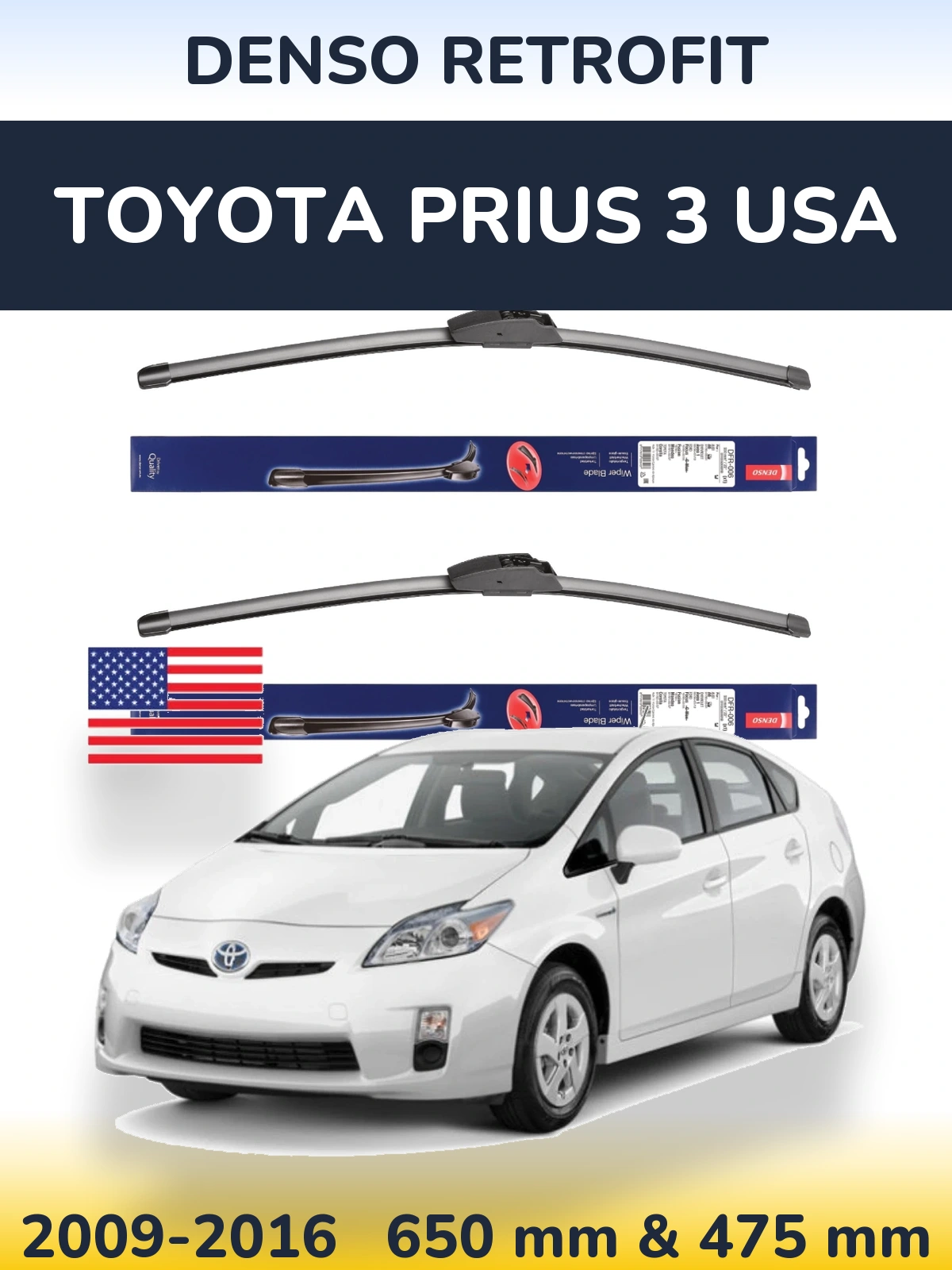 Front wiper blade set Denso Retrofit 650 & 475 mm for Toyota Prius 3 USA 2009-2016