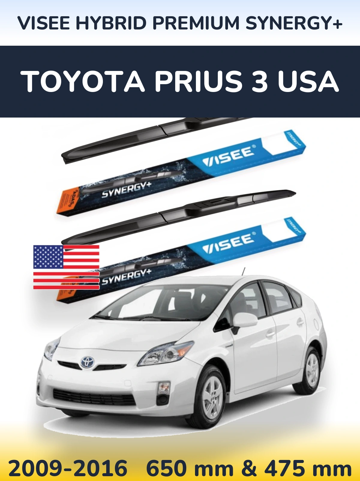 Комплект передніх щіток VISEE HYBRID PREMIUM SYNERGY+ 650 & 475 мм для Toyota Prius 3 USA 2009-2016