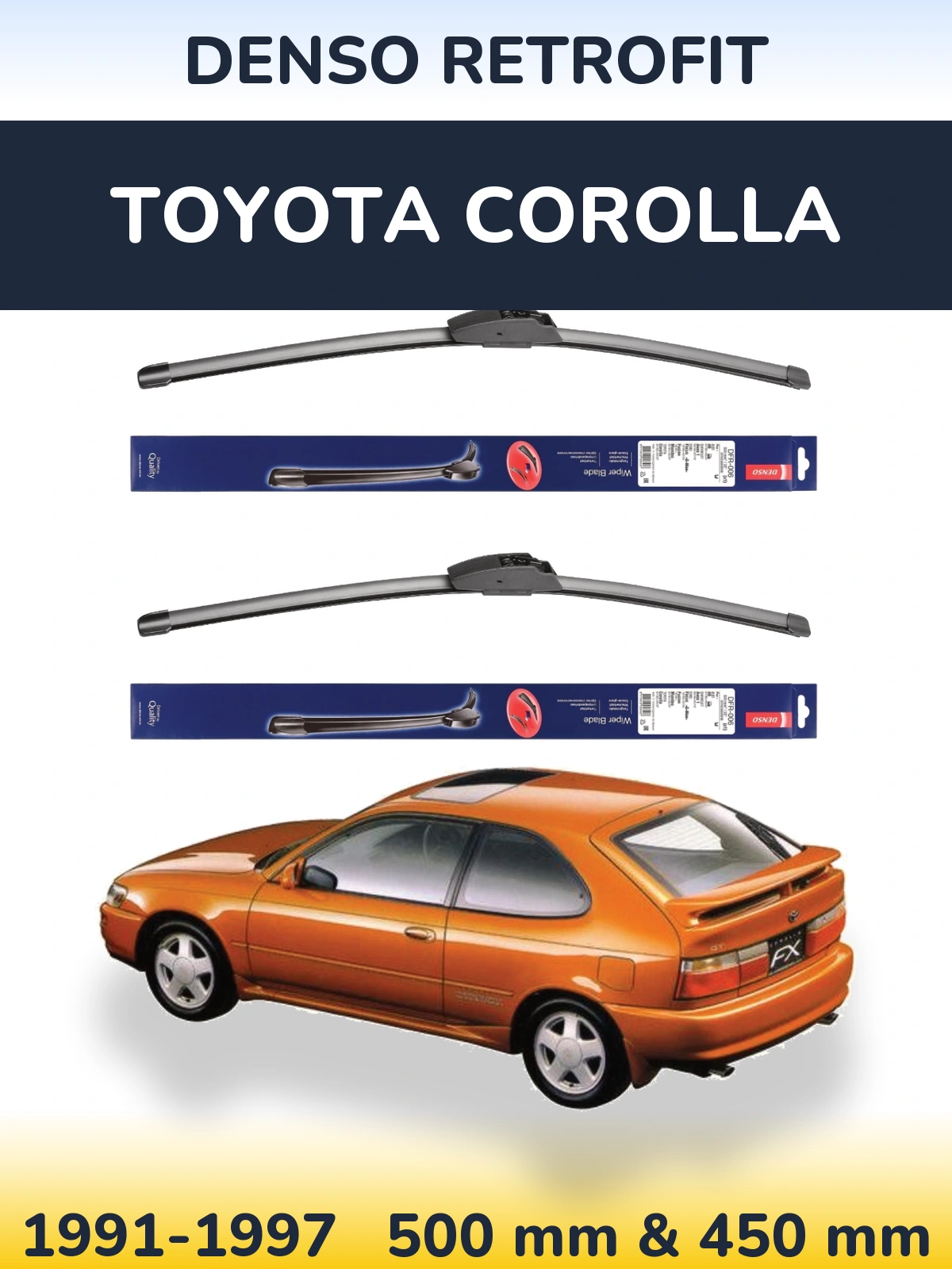 Front wiper blade set Denso Retrofit 500 & 450 mm for Toyota Corolla 1991-1997