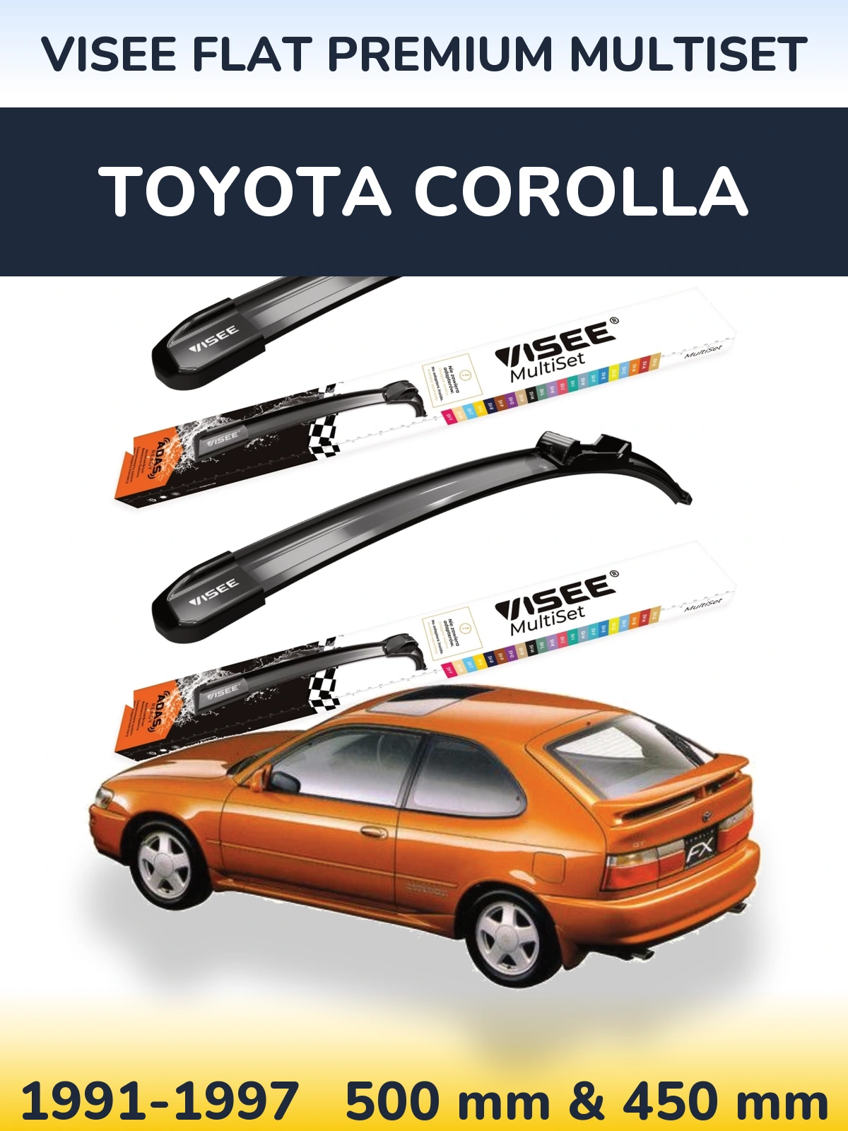 Комплект передніх щіток VISEE FLAT PREMIUM MultiSet 500 & 450 мм для Toyota Corolla 1991-1997