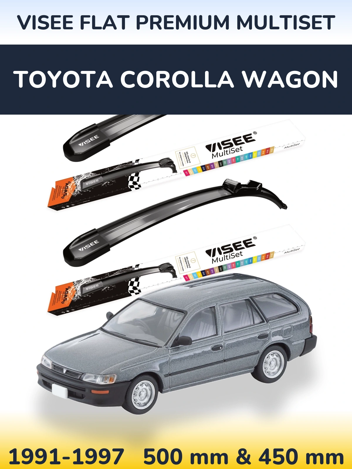 Komplet przednich wycieraczek VISEE FLAT PREMIUM MultiSet 500 & 450 mm do Toyota Corolla Wagon 1991-1997