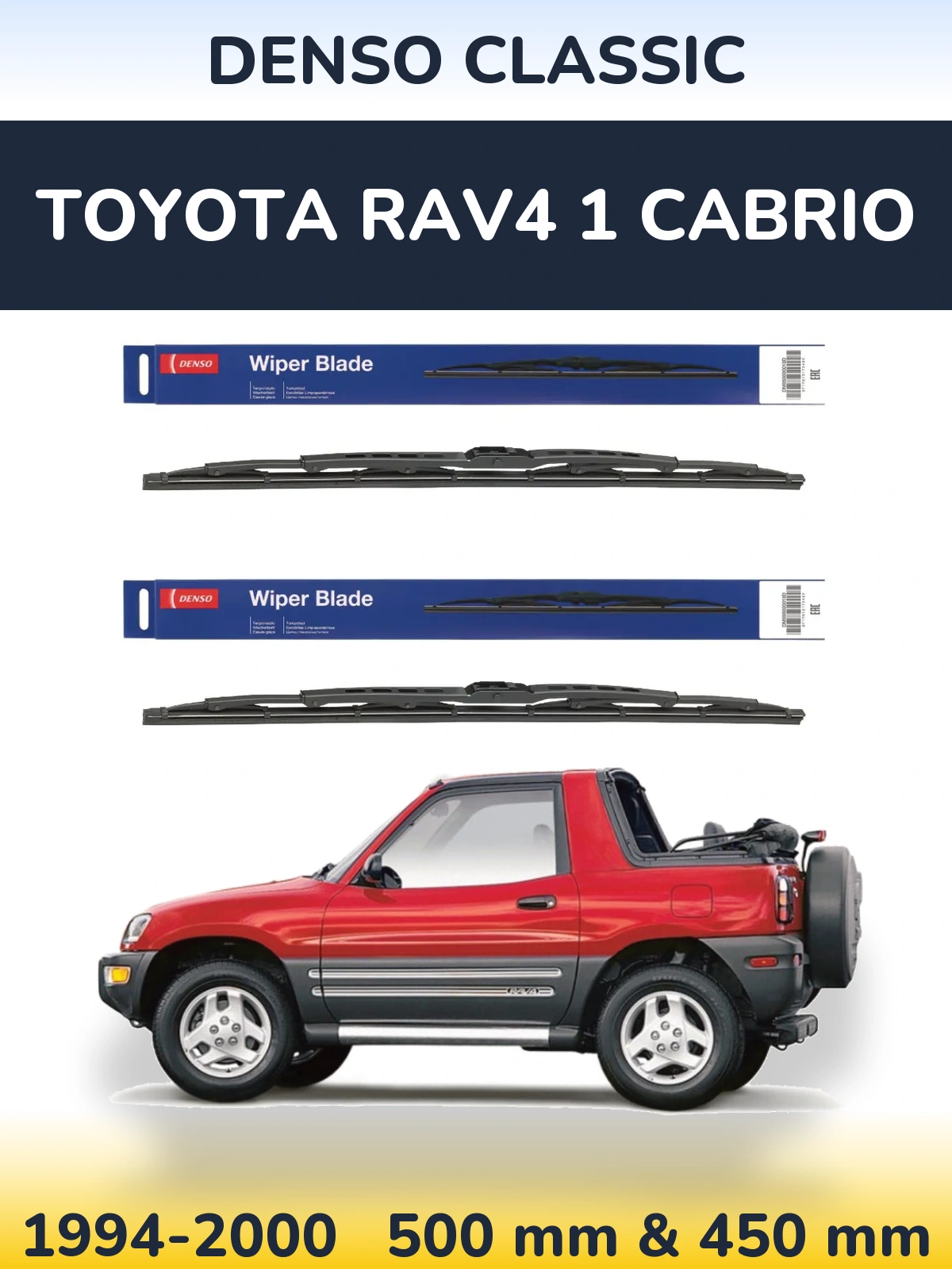 Front wiper blade set Denso Classic 500 & 450 mm for Toyota RAV4 1 Cabrio 1994-2000
