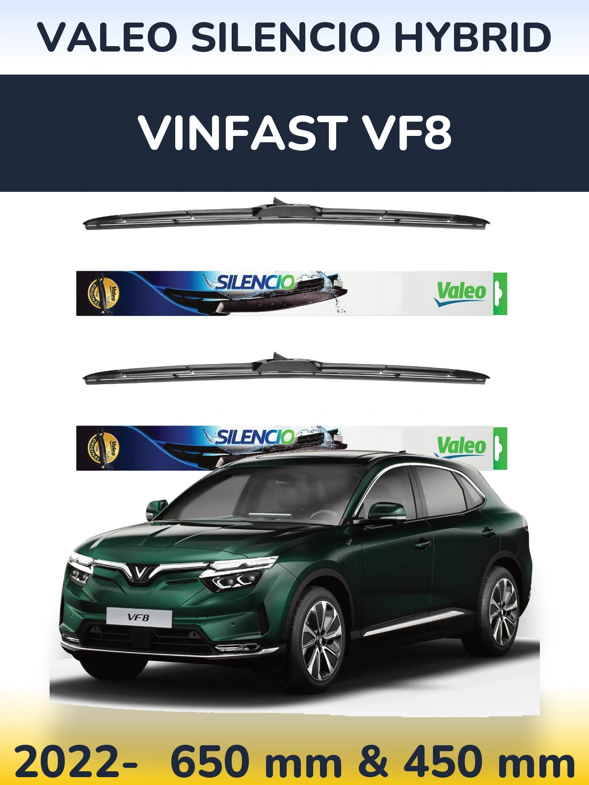 Front wiper blade set Valeo Silencio Hybrid 650 & 450 mm for Vinfast VF8 2022-2026