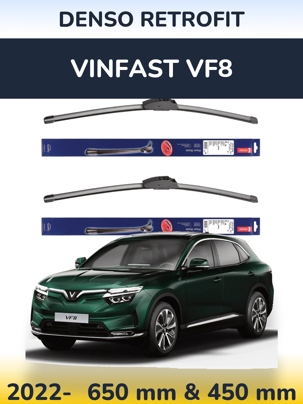 Komplet przednich wycieraczek Denso Retrofit 650 & 450 mm do Vinfast VF8 2022-2026