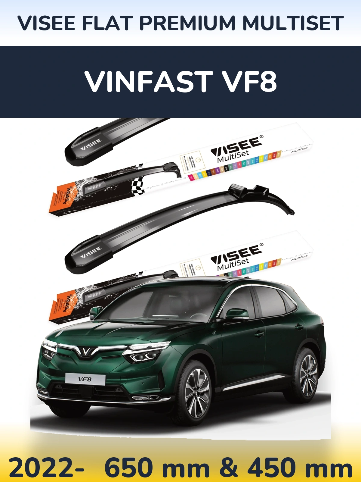 Komplet przednich wycieraczek VISEE FLAT PREMIUM MultiSet 650 & 450 mm do Vinfast VF8 2022-2026